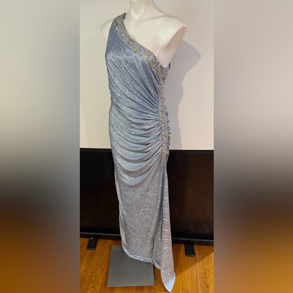 Betsy &Adam Elegant Silver Blue One-Shoulder Dress
